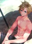  1boy 26caaan beach beach_umbrella black_male_swimwear blonde_hair blue_eyes closed_mouth cloud_strife cloud_strife_(wild_surf) collarbone final_fantasy final_fantasy_vii final_fantasy_vii_rebirth final_fantasy_vii_remake hair_between_eyes highres looking_at_viewer male_focus male_swimwear official_alternate_costume own_hands_together sand short_hair sitting solo spiky_hair toned toned_male topless_male umbrella upper_body 