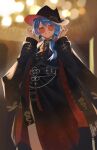  1girl absurdres alternate_eye_color belt black_coat blue_hair blurry bokeh brown_hat buttons chain coat coat_on_shoulders depth_of_field hair_over_shoulder hands_up hat highres hololive hoshimachi_suisei hoshimachi_suisei_(oriental_suit) light_particles long_sleeves looking_at_viewer medium_hair nagiushi parted_lips red_eyes round_eyewear smile solo virtual_youtuber 