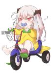  1girl absurdres aged_down beak_(girls&#039;_frontline) blue_shorts bluecandy2795 commentary english_commentary feet full_body girls_frontline highres long_hair musical_note pacifier pink_eyes pink_footwear riding sandals sangvis_ferri shirt shorts simple_background single_barefoot single_sandal soles solo toes tricycle v-shaped_eyebrows v-shaped_eyes white_background white_hair yellow_shirt 
