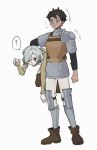  2boys armor bags_under_eyes black_eyes black_hair blue_eyes boots carrying carrying_person carrying_under_arm chainmail curly_hair dark-skinned_male dark_skin dungeon_meshi elf grey_hair hamita_(rikopin_ika) highres kabru lazy_eye leather_armor long_sleeves male_focus mithrun multiple_boys nervous nervous_sweating notched_ear pauldrons pointy_ears short_hair shoulder_armor single_pauldron sweat sweatdrop thigh_boots uneven_eyes 