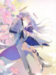  1boy 1girl black_shirt blue_dress blue_footwear brother_and_sister closed_eyes commentary_request dress feathered_wings flower full_body gloves gradient_background grey_hair grey_suit halo head_wings high_heels highres holding_hands honkai:_star_rail honkai_(series) imminent_kiss incest interlocked_fingers ji_yue long_hair pink_flower robin_(honkai:_star_rail) shirt short_hair siblings smile suit sunday_(honkai:_star_rail) white_gloves wings yellow_background 