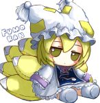  1girl absurdres animal_ears animal_hat blonde_hair blue_tabard blush_stickers character_name chibi chibi_only closed_mouth dress fox_tail frilled_dress frills full_body fumo_(doll) hat hat_tassel highres jitome looking_at_viewer multiple_tails ofuda ofuda_on_clothes simple_background sitting sleeves_past_fingers sleeves_past_wrists socks solo stitches tabard tail touhou white_background white_dress white_hat white_socks yakumo_ran yakumora_n yellow_eyes 
