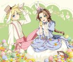  1boy 1girl aerith_gainsborough_(classic_coney) alternate_costume animal_ears blonde_hair blue_choker blue_dress blue_eyes blush bow braid braided_ponytail brown_footwear brown_hair chocobo choker dress easter easter_egg egg final_fantasy final_fantasy_vii final_fantasy_vii_ever_crisis flower full_body gloves green_background green_eyes hair_flower hair_ornament half_gloves hat jo_ro_ri juliet_sleeves kneeling long_dress long_sleeves mini_hat official_alternate_costume open_mouth pants parted_bangs pink_bow pink_pants puffy_sleeves rabbit_boy rabbit_ears rabbit_girl ribbon_choker shirt short_hair sidelocks single_braid sitting smile spiky_hair striped_clothes striped_pants suspenders twitter_username white_gloves white_shirt 