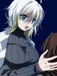  1boy 1girl ahoge black_sweater blonde_hair blue_background blue_eyes breasts coat coat_on_shoulders faust_(project_moon) heathcliff_(project_moon) highres large_breasts limbus_company long_sleeves multicolored_hair ngancurindunia open_mouth project_moon ribbed_sweater short_hair simple_background smile streaked_hair sweater white_coat white_hair 