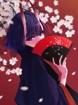  1girl absurdres black_kimono bob_cut branch cherry_blossoms eyeshadow fan_over_face fate/grand_order fate_(series) flower folding_fan hand_fan highres holding holding_fan horns japanese_clothes kimono looking_at_viewer makeup oni purple_hair red_background red_eyeshadow shirai_nana short_hair shuten_douji_(fate) simple_background skin-covered_horns solo violet_eyes wide_sleeves 