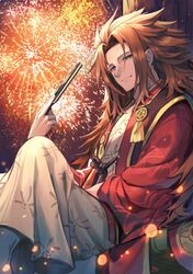  1boy brown_eyes brown_hair festival fire_emblem fire_emblem_fates fire_emblem_heroes fireworks hand_fan highres japanese_clothes kimono long_hair male_focus nakabayashi_zun official_alternate_costume ponytail ryoma_(fire_emblem) ryoma_(hoshidan_summer)_(fire_emblem) smile solo yukata 