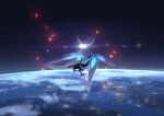  1girl africa benares_(honkai_impact) dragon dragon_horns dragon_tail dragon_wings earth_(planet) europe flying highres honkai_(series) honkai_impact_3rd horns in_orbit long_hair moon planet purple_hair sirin solo space star_(sky) sun tail third-party_source very_long_hair wings 