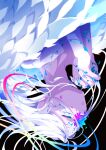  1girl angel angel_wings closed_eyes feathered_wings feathers flower flower_over_eye goma_irasuto grey_hair highres long_hair looking_at_viewer multicolored_flower nail_polish original upside-down white_feathers white_hair wings 