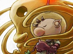  1boy big_nose brown_hair closed_eyes colored_skin commentary_request corpse creature feet_out_of_frame gloves helmet holding holding_creature hole_in_head leaf naru_(wish_field) no_mouth olimar pikmin_(series) plasm_wraith pointy_ears pointy_nose radio_antenna red_gloves red_pikmin red_skin short_hair slime_(creature) space_helmet spacecraft very_short_hair white_background 