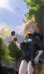  adelie(assaultharpy) aircraft airplane animal_ears assaultharpy bare_legs blonde_hair blue_eyes corded_phone explosion fox_ears fox_girl fox_tail highres holding holding_phone holding_weapon looking_at_viewer military_uniform original phone smile tail uniform weapon 