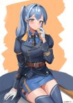  1girl absurdres alternate_hairstyle blue_eyes blue_hair blue_skirt blue_thighhighs blush breasts dawn_1945 gloves gotland_(kancolle) hair_between_eyes half_gloves highres kantai_collection long_hair long_sleeves looking_at_viewer medium_breasts military_uniform mole mole_under_eye necktie shirt sitting skirt smile solo thigh-highs twitter_username uniform white_background white_gloves yellow_background 