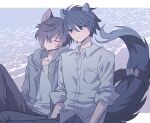  2boys animal_ears bad_id bad_pixiv_id black_pants blonde_hair blue_eyes blue_shirt brown_hair cat_boy cat_ears cat_tail character_request closed_eyes closed_mouth collared_shirt grey_jacket grey_shirt hair_between_eyes hair_over_one_eye highres hood hooded_jacket jacket kemonomimi_mode leaning_on_person long_sleeves looking_at_another male_focus meremero multicolored_hair multiple_boys pants scar scar_on_face shirt short_hair sitting sleeping sleeping_upright slow_damage smile tail towa_(slow_damage) 