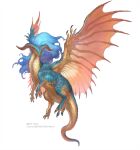  animal_focus artist_name blue_eyes claws dragon from_side full_body g.river highres horns looking_at_viewer mane monster no_humans orange_wings original scales simple_background solo tail western_dragon white_background wings 