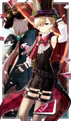  1boy 1girl absurdres animal_ears artist_name black_hat brother_and_sister brown_thighhighs card cat_ears cat_girl commentary_request cowboy_shot detached_sleeves from_behind genshin_impact hat highres holding holding_clothes holding_hat light_brown_hair long_sleeves looking_at_viewer lynette_(genshin_impact) lyney_(genshin_impact) mixed-language_commentary ruria_369 siblings thigh-highs top_hat violet_eyes 