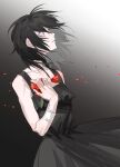  1girl arknights black_background black_dress black_hair character_request collarbone commentary dress flower gradient_background highres medium_hair molu_stranger parted_lips profile red_flower sleeveless sleeveless_dress solo white_background wristband 