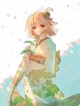 1girl blonde_hair closed_mouth commentary day english_commentary falling_petals floral_print green_kimono highres holding holding_plant japanese_clothes kimono looking_at_viewer lycoris_recoil medium_hair nishikigi_chisato obi one_side_up outdoors petals plant print_kimono red_eyes rokilly sash smile solo 