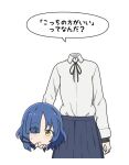  blue_hair blue_skirt bocchi_the_rock! disembodied_head dullahan hair_ornament hairclip hand_on_own_cheek hand_on_own_face holding_head shirt skirt speech_bubble touko_nanohara white_shirt yamada_ryo yellow_eyes 