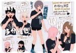  4girls ? ?? bang_dream! bang_dream!_it&#039;s_mygo!!!!! black_hair black_shorts black_socks blue_eyes blue_footwear blue_shirt brown_hair chihaya_anon closed_eyes collarbone commentary fang grey_hair hand_on_another&#039;s_shoulder heterochromia highres holding holding_microphone kaname_raana long_hair microphone mole mole_under_eye multiple_girls mygo!!!!!_(bang_dream!) nagasaki_soyo open_mouth outline pink_hair shiina_taki shirt short_hair shorts sidelocks smile socks standing symbol-only_commentary translation_request violet_eyes watanuki_(enu) white_hair white_outline yellow_eyes 