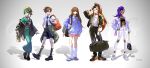  5girls :d alternate_costume asymmetrical_hair backpack bag bandeau beret black_bag black_bandeau black_footwear black_haori black_hat black_jacket black_necktie black_pants black_sash black_socks blue_sweater bow bowtie bracelet brigitte_(overwatch) brown_eyes brown_hair cable_hair closed_mouth clothes_around_waist d.va_(overwatch) dress_shirt duffel_bag eyebrow_cut facial_mark fashion flower full_body green_hair green_jacket green_kimono green_nails hand_in_pocket hand_on_own_head handbag hat hat_flower headphones headphones_around_neck high_ponytail highres holding holding_bag jacket jacket_around_waist japanese_clothes jewelry kimono kiriko_(overwatch) kneehighs lineup long_hair loose_socks mary_janes medium_hair microskirt midriff multiple_girls navel necktie obi open_clothes open_jacket orange-tinted_eyewear orange_bag overwatch overwatch_2 pants parted_lips pink_jacket pink_lips pink_skirt pleated_skirt purple_hair red_bow red_bowtie red_lips road_233 round_eyewear sash shadow shaved_head shirt shirt_tucked_in shirt_under_sweater shoes shoulder_bag signature simple_background skirt sleeves_past_elbows smile sneakers socks sombra_(overwatch) straight_hair sweater sweatpants tinted_eyewear torn_clothes torn_pants tracer_(overwatch) undercut violet_eyes visor_cap whisker_markings white_background white_footwear white_pants white_shirt white_socks wide_sleeves yellow_hat 