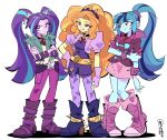  2girls 3girls adagio_dazzle adagio_dazzle_(human) aqua_hair aria_blaze aria_blaze_(human) arm_at_side arrcticc_fish averting_eyes bare_arms bare_shoulders belt blue_eyeshadow blue_hair blue_skin blunt_bangs boots bracelet breasts bright_pupils closed_mouth coat collared_coat collared_jacket colored_skin commentary crossed_arms curly_hair english_commentary eyeshadow fingerless_gloves frown full_body gem gloves gold_belt green_coat hair_ornament hairband hand_on_own_arm hand_on_own_hip high_heel_boots high_heels high_ponytail highres jacket jewelry knees_together_feet_apart long_hair looking_ahead looking_up makeup multicolored_hair multiple_bracelets multiple_girls my_little_pony my_little_pony:_equestria_girls my_little_pony:_friendship_is_magic necklace open_clothes open_coat open_mouth orange_eyes orange_eyeshadow orange_hair pants pantyhose parted_bangs pencil_skirt pink_bracelet pink_eyes pink_footwear pink_jacket pink_pants pink_skirt puffy_short_sleeves puffy_sleeves purple_belt purple_bracelet purple_eyeshadow purple_footwear purple_gloves purple_hair purple_hairband purple_jacket purple_pantyhose purple_shirt purple_shorts purple_skin raised_eyebrow red_gemstone shadow shirt short-sleeved_jacket short_sleeves shorts sidelocks skirt sleeveless sleeveless_coat sleeveless_shirt small_breasts smile sonata_dusk sonata_dusk_(human) spiked_belt spiked_boots spiked_bracelet spiked_hairband spikes standing star_(symbol) star_hair_ornament streaked_hair twintails twitter_username two-tone_hair very_long_hair white_background white_pupils white_shirt yellow_skin 