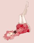  1girl bad_id bad_pixiv_id bow dress hair_bow leggings legs_up long_sleeves looking_at_viewer lunch_(lunchicken) lying on_back original pink_background pink_dress pink_eyes pink_hair red_bow red_dress short_hair simple_background solo white_leggings 