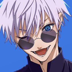  1boy blue_background blue_eyes commentary gojou_satoru highres jujutsu_kaisen looking_at_viewer male_focus no_blindfold one_eye_closed open_mouth portrait round_eyewear solo sunglasses tanaka_masaaki teeth tongue white_hair 