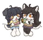  2girls ahoge animal_ears animal_feet animal_hands black_hair blue_shorts blush body_fur borrowed_character braid brown_sweater_vest chibi closed_mouth commentary_request dog_ears dog_girl dog_tail fang fang_out flower food_request full_body furry furry_female grey_fur hair_flower hair_ornament hands_up holding long_hair looking_at_another multiple_girls open_mouth original pleated_skirt rata_(norahasu) shirt short_sleeves shorts simple_background skirt snack standing sweater_vest t-shirt tail twin_braids white_background white_fur white_shirt yellow_eyes yellow_shirt 