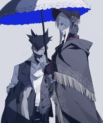  1boy 1girl ascot black_cloak black_coat black_hat black_vest blonde_hair bloodborne blue_eyes bonnet cloak clothes_pull coat collared_shirt commentary flower gold_trim hair_intakes hat hat_flower high_collar highres holding holding_clothes holding_coat holding_umbrella hood hood_down hooded_cloak hunter_(bloodborne) jewelry lace-trimmed_umbrella mask mouth_mask plain_doll puff_of_air pulling_own_clothes red_ascot ring shirt simple_background striped_clothes striped_shirt twitter_username umbrella unworn_clothes unworn_coat vertical-striped_clothes vertical-striped_shirt vest white_background white_shirt xx_asui 