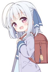  1girl :d absurdres ahoge ayanepuna backpack bag blue_dress blue_ribbon blush commentary crime_prevention_buzzer dress grey_hair hair_ribbon highres jacket long_sleeves looking_at_viewer open_clothes open_jacket original purple_jacket randoseru red_eyes ribbon sailor_collar sailor_dress simple_background sleeves_past_wrists smile solo symbol-only_commentary white_background white_sailor_collar 