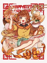  1girl bare_legs braid chinese_food chinese_zodiac chopsticks delicious_party_precure dots egg food fried_rice frying_pan hanamichi_ran hardboiled_egg highres holding holding_food holding_phone mem-mem_(precure) noodles one_eye_closed open_mouth panda parted_bangs phone plate precure ramen ribbon sekiguchi_(mitemite_mitene) shoes short_sleeves shorts shumai_(food) sitting sneakers tank_top twin_braids 