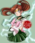 1girl :o angry bishoujo_senshi_sailor_moon bow bowtie breasts brooch brown_hair choker crossed_arms earrings elbow_gloves electricity gloves green_eyes green_skirt highres jewelry kino_makoto long_hair looking_at_viewer magical_girl making-of_available medium_breasts miniskirt open_mouth pink_bow pink_bowtie ponytail sailor_jupiter school_uniform simple_background skirt small_breasts sol_lennon solo tiara white_gloves