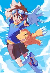  1boy agumon blue_headband blue_shirt brown_eyes brown_hair brown_shorts claws clouds colored_skin digimon digimon_adventure english_commentary foot_out_of_frame gloves goggles goggles_on_head gurepyon headband highres looking_at_viewer medium_hair midair orange_skin reptile shirt shorts sky socks spiky_hair white_gloves white_socks yagami_taichi 