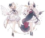  2021 2girls ;o angel angel_and_devil angel_wings bare_legs bare_shoulders black_bow black_footwear black_horns black_shirt black_skirt black_wings blonde_hair boots bow bubble_skirt buttons circle closed_mouth collar commentary demon_girl demon_horns demon_wings detached_collar detached_sleeves drill_hair eyelashes feathered_wings frilled_collar frilled_skirt frilled_sleeves frills full_body hair_bow halter_shirt halterneck hand_on_own_chest hand_on_own_hip heart hexagram high-waist_skirt horn_bow horn_ornament horns knees layered_skirt lemon89h light_blush long_hair looking_at_viewer medium_hair miniskirt multiple_girls one_eye_closed original parted_lips pink_eyes puffy_short_sleeves puffy_sleeves red_bow red_collar red_shirt scrunchie shirt short_sleeves signature simple_background single_sidelock skirt smile sparkle star_of_david symbol-only_commentary tiara wavy_hair white_background white_collar white_scrunchie white_skirt white_sleeves white_tiara white_wings white_wrist_cuffs wings wrist_cuffs wrist_scrunchie 