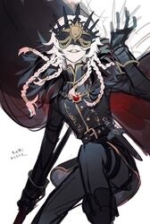  1boy androgynous belt black_fur black_pants braid cape fur-trimmed_cape fur_trim gloves grey_hair hakeburashi highres identity_v ithaqua_(identity_v) ithaqua_(morningstar)_(identity_v) long_hair male_focus mask multiple_belts multiple_braids pale_skin pants smile solo torn_cape torn_clothes 