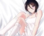  1girl absurdres artist_request bed_sheet black_hair bleach blush camisole hair_between_eyes highres kuchiki_rukia one_eye_closed smile socks solo violet_eyes 