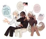  1girl 2boys bow breasts brown_bow brown_eyes brown_hair brown_pants collared_shirt cookie_run dark-skinned_female dark-skinned_male dark_skin espresso_cookie hair_bow humanization korean_text large_breasts latte_cookie madeleine_cookie multicolored_hair multiple_boys open_mouth pants sapphire_(nine) shirt shorts simple_background smile speech_bubble streaked_hair translation_request white_background white_pants white_shirt white_shorts 