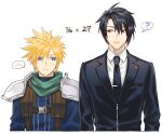  1782seta 2boys ? aged_down armor black_hair black_jacket black_necktie black_suit blonde_hair blue_eyes blue_shirt blush character_age closed_mouth cloud_strife collared_shirt final_fantasy final_fantasy_vii green_scarf hair_between_eyes highres jacket long_sleeves looking_at_another male_focus multiple_boys necktie red_eyes scarf shinra_infantry_uniform shirt short_hair shoulder_armor spiky_hair spoken_blush spoken_question_mark suit suit_jacket sweatdrop tie_clip upper_body vincent_valentine white_background white_shirt 