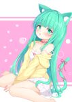  1girl :o animal_ear_fluff animal_ears bad_id bad_pixiv_id bare_legs barefoot between_legs blush bow breasts cardigan cat_ears cat_girl cat_tail cleavage collar collarbone dress green_eyes green_hair green_tail hand_between_legs jacket long_hair long_sleeves mikaze_oto off_shoulder open_clothes open_mouth original simple_background single_bare_shoulder sitting skirt solo tail tail_ornament thighs very_long_hair wariza white_skirt yellow_cardigan yellow_jacket 