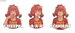  1girl absurdres blue_eyes commentary crossed_arms crying everlasting_summer frown highres leonzo one_eye_closed open_mouth red_shirt redhead shirt short_twintails sidelocks smile streaming_tears t-shirt tears twintails ussr-tan web_address yawning 