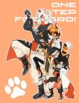  1girl 2boys aak_(arknights) animal_ears arknights black_eyes braid colored_sclera colored_tips english_commentary furry furry_male highres horns hung_(arknights) komainu_boy komainu_ears komainu_tail looking_to_the_side multicolored_hair multiple_boys orange_eyes paw_print penthepen_jt profile round_eyewear single_horn standing standing_on_one_leg tail tiger_ears tiger_girl tiger_stripes tiger_tail waai_fu_(arknights) yellow_sclera yotsubato! yotsubato!_pose 