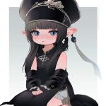  1girl black_dress black_hair blue_eyes blush detached_sleeves dress expressionless final_fantasy final_fantasy_xiv flat_chest hat highres lalafell long_hair looking_at_viewer military_hat pointy_ears sitting sketch sliteof1789 solo 