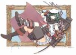  1girl black_cape boots brown_gloves cape eyepatch gloves green_eyes green_hair hand_on_headwear hat highres holding holding_sword holding_weapon kantai_collection kiso_(kancolle) kiso_kai_ni_(kancolle) looking_at_viewer narukan neckerchief picture_frame red_cape red_neckerchief rigging sailor_collar school_uniform serafuku short_sleeves skirt smoke solo sword torpedo_tubes twitter_username weapon white_skirt 