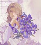  1boy axis_powers_hetalia blonde_hair bouquet chinese_commentary closed_mouth collared_shirt curtained_hair earrings flower formal france_(hetalia) french_flag hair_over_one_eye hair_ribbon half-closed_eyes head_rest highres holding holding_flower indoors jacket jewelry lapel_pin lapels long_sleeves looking_at_viewer male_focus medium_hair mengxiaheqing parted_bangs purple_flower purple_theme red_ribbon ribbon shirt sitting smile solo suit upper_body violet_eyes white_jacket white_suit 