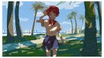  ^_^ beach beach_umbrella blue_shorts character_request closed_eyes clouds cloudy_sky copyright_request day facing_viewer highres landscape ocean outdoors palm-fist_greeting redhead rii_(mrhc7482) shadow shirt short_hair shorts sky smile tree umbrella white_shirt 