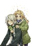  1boy 1girl arms_around_neck blonde_hair coat dungeon_meshi elf fleki fur-trimmed_coat fur_trim green_coat green_eyes grey_hair hair_around_ear hair_tubes highres long_hair long_sleeves looking_at_viewer low_twintails lycion notched_ear nova_1810 pointy_ears smile twintails violet_eyes winter_clothes 