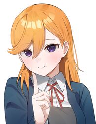  1girl absurdres blue_jacket blush closed_mouth collared_shirt commentary_request dress enpik grey_dress hair_between_eyes highres index_finger_raised jacket long_sleeves looking_at_viewer love_live! love_live!_superstar!! medium_hair neck_ribbon open_clothes open_jacket orange_hair pinafore_dress red_ribbon ribbon school_uniform shibuya_kanon shirt sleeveless sleeveless_dress smile solo upper_body violet_eyes white_background white_shirt winter_uniform yuigaoka_school_uniform 