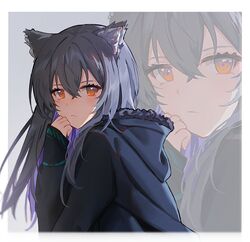  1girl alternate_costume animal_ear_fluff animal_ears arknights black_hair black_hoodie brown_eyes hand_on_own_cheek hand_on_own_face hood hoodie long_hair looking_at_viewer looking_to_the_side mmia solo texas_(arknights) wolf_ears wolf_girl 