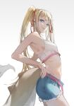  absurdres blonde_hair commentary denim denim_shorts dina(dino) dinosaur_tail english_commentary highres littlemisstina_(artist) shorts smug tail 