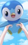  1girl :d absurdres blue_eyes clouds day happy highres holding holding_pokemon looking_at_viewer open_mouth outdoors piplup pokemon pokemon_(creature) pov pton_uca09 sky smile tongue 