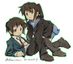  1boy 1girl absurdres all_fours artist_name blazer blue_sailor_collar blue_skirt brown_cardigan brown_hair brown_pants cardigan collared_shirt commentary_request dual_persona genderswap genderswap_(mtf) green_jacket highres jacket kita_high_school_uniform kyon kyonko long_hair long_sleeves looking_at_viewer lying necktie on_back pants pleated_skirt ponytail red_necktie red_ribbon ribbon sailor_collar school_uniform serafuku shirt short_hair simple_background skirt suzumiya_haruhi_no_yuuutsu tatsuki_kurisu twitter_username watermark white_background white_shirt winter_uniform 